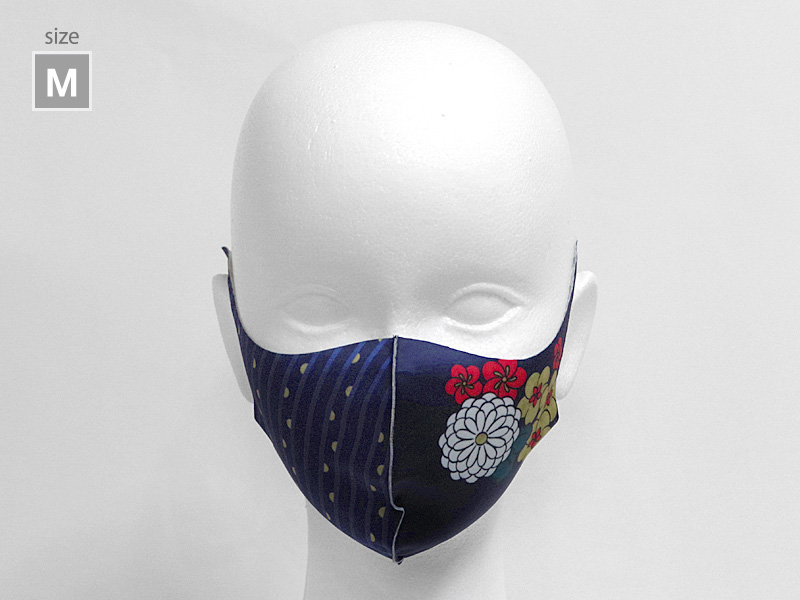 縦縞　ころころ花　ネイビー　薄型マスク